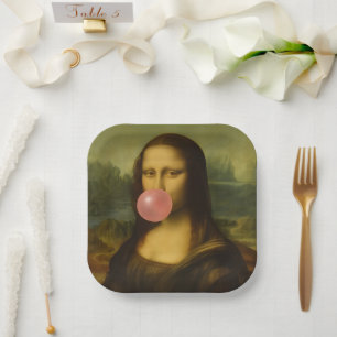 Assiettes En Carton Mona Lisa soufflant de bulle rose