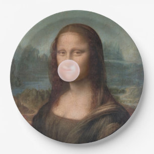 Assiettes En Carton Mona Lisa soufflant un bubble gum rose