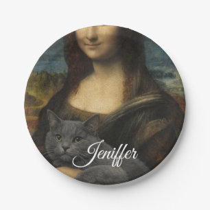 Assiettes En Carton Mona Lisa tenant un élégant chat gris