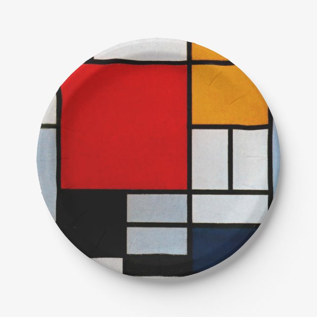 Assiettes En Carton Mondrian - Composition avec grand plan rouge (Devant)