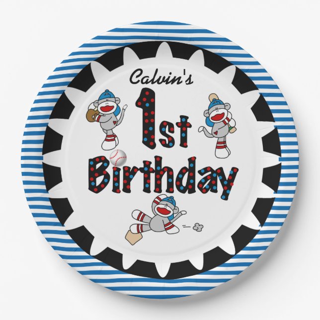Assiettes En Carton Monkey Baseball 1er Joyeuses Plaques Papier Annive (Devant)
