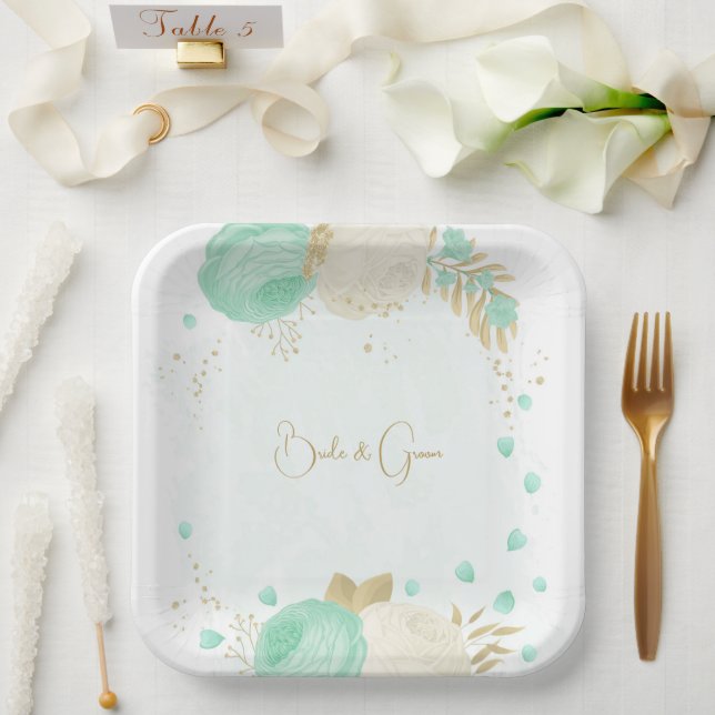Assiettes En Carton Monnaie romantique vert & fleurs blanches or (Mariage)