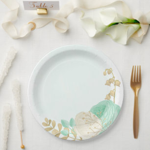 Assiettes En Carton Monnaie romantique vert & fleurs blanches or