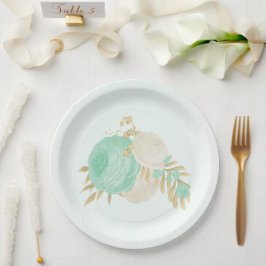Assiettes En Carton Monnaie romantique vert & fleurs blanches or