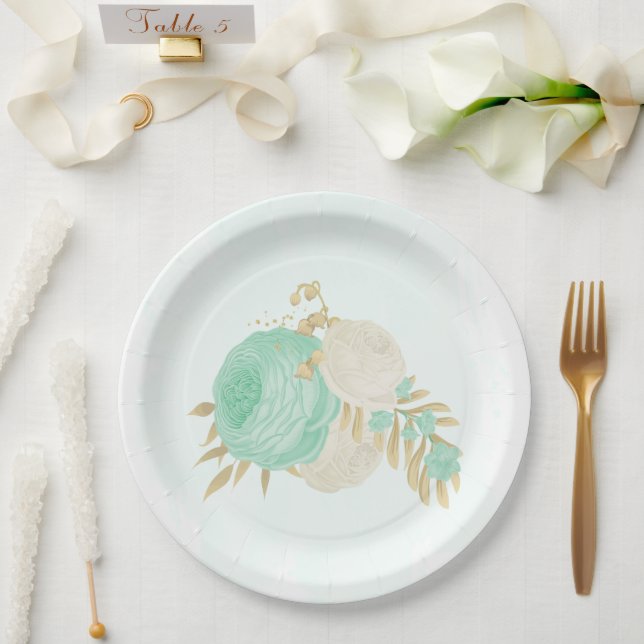 Assiettes En Carton Monnaie romantique vert & fleurs blanches or (Mariage)