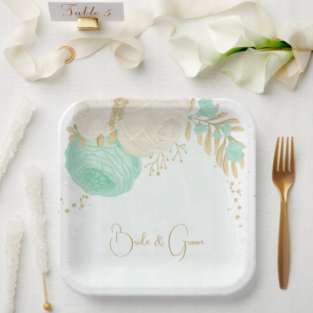 Assiettes En Carton Monnaie romantique vert & fleurs blanches papier o (Mariage)