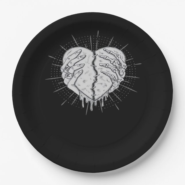 Assiettes En Carton Monochrome Squelette Main Avec Coeur Classique (Devant)