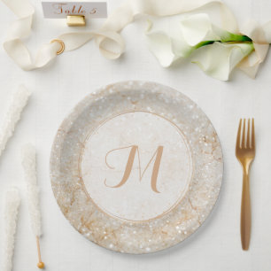 Assiettes En Carton Monogramme à étincelles blanc et or