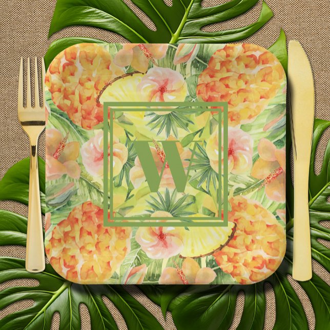 Assiettes En Carton Monogramme Ananas Fleurs verdure (Monogram Pineapples Flowers Greenery Paper Plates)