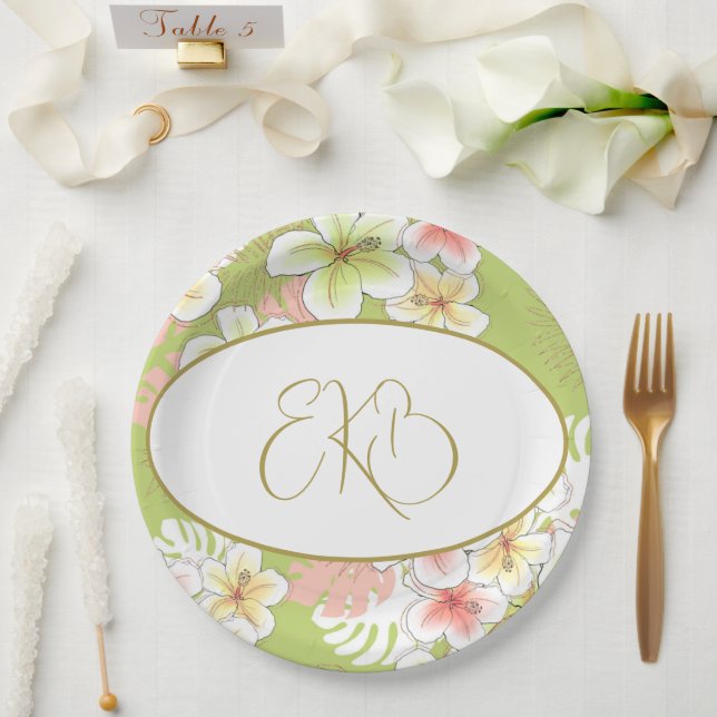 Assiettes En Carton Monogramme Anniversaire Élégant Tropical (Mariage)