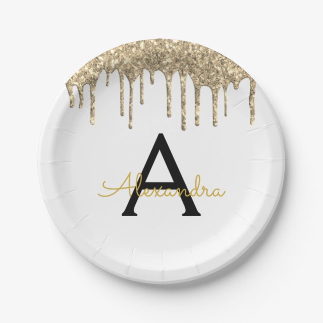 Assiettes En Carton Monogramme Anniversaire Pailleté Or et Blanc (Devant)