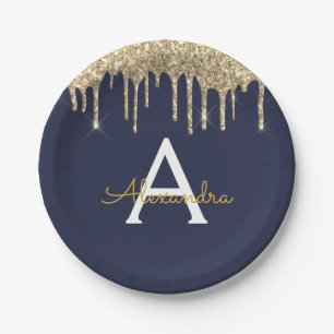 Assiettes En Carton Monogramme Anniversaire Paillettes Bleu Marine et