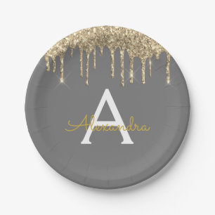 Assiettes En Carton Monogramme Anniversaire Paillettes Grises et Dorée