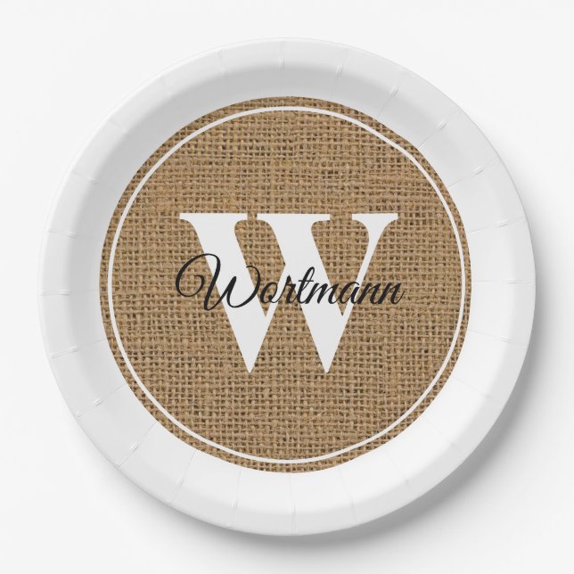 Assiettes En Carton Monogramme blanc de Burlap Rustique moderne (Devant)