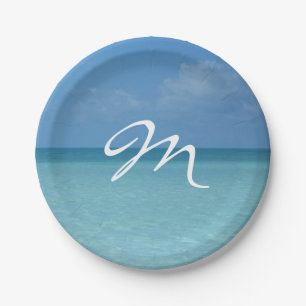 Assiettes En Carton Monogramme bleu turquoise tropical Horizon Caraïbe
