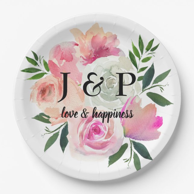 Assiettes En Carton Monogramme botanique floral rose et gris (Devant)