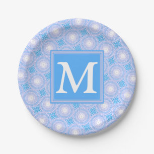 Assiettes En Carton Monogramme Cercles bleu électrique motif