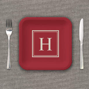 Assiettes En Carton Monogramme classique élégant sur canneberge rouge