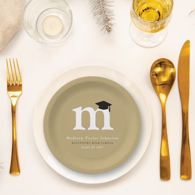 Assiettes En Carton Monogramme classique simple Fête de graduation mod (Simple Classic Graduate's Monogram Modern Graduation Party Paper Plate @ zazzle.com/color_therapy)