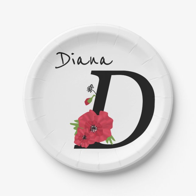 Assiettes En Carton Monogramme D, lettre D, fleurs, monogramme (Devant)
