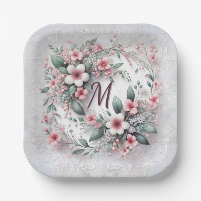 Assiettes En Carton Monogramme Dans Un Mariage Élégant Fleur Wreath (Recto)