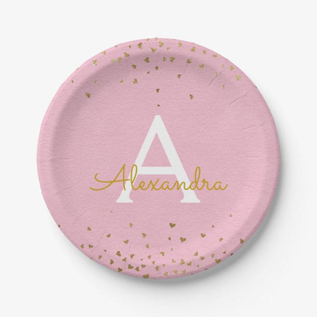 Assiettes En Carton Monogramme de confetti rose et or (Devant)