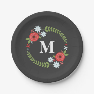 Assiettes En Carton Monogramme de couronne rouge + bleu floral