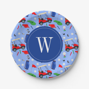 Assiettes En Carton Monogramme de golf rouge bleu et vert