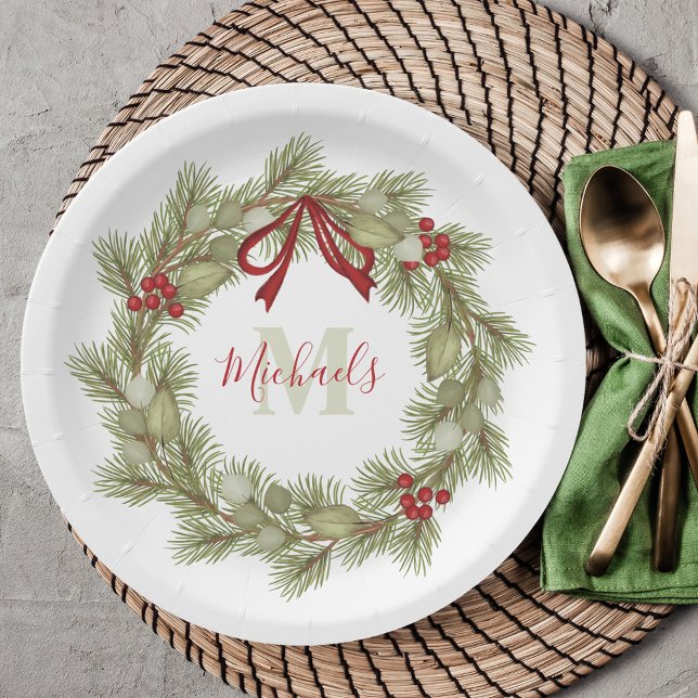 Assiettes En Carton Monogramme de la couronne botanique de Noël Red Ho (Simple Wreath design holiday paper plate with an elegant calligraphy monogram and name.)
