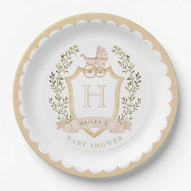 Assiettes En Carton Monogramme de la crête de bébé | Baby shower neutr (Devant)