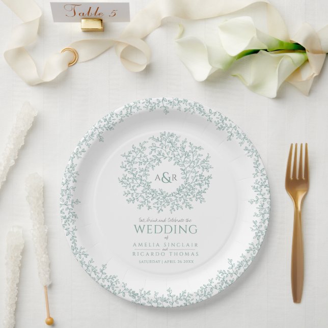 Assiettes En Carton Monogramme de mariage dessin feuille cercle vert (Mariage)