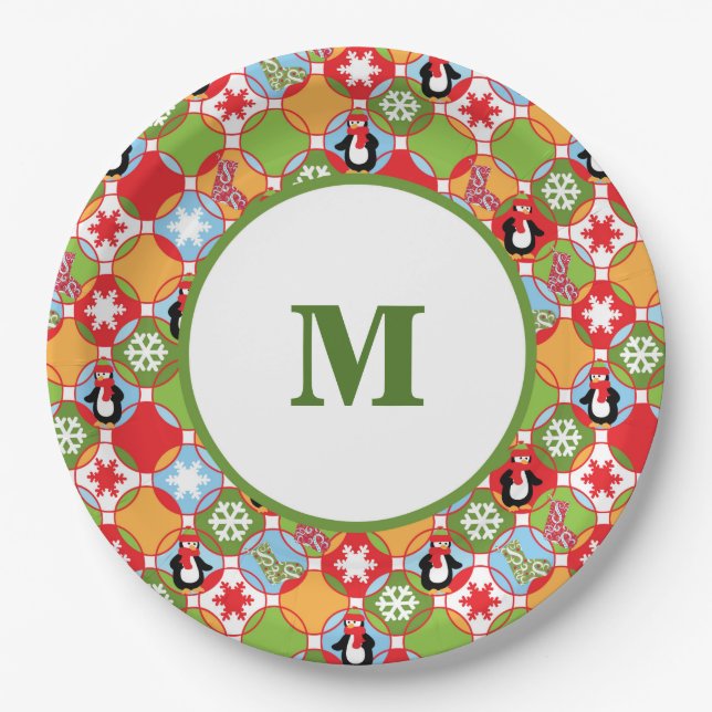 Assiettes En Carton Monogramme de Noël des pingouins (Devant)