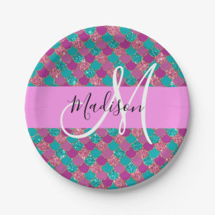 Assiettes En Carton Monogramme de Parties scintillant de sirènes pour