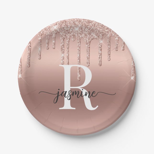 Assiettes En Carton Monogramme de Parties scintillant d'or de Rose Fil (Devant)