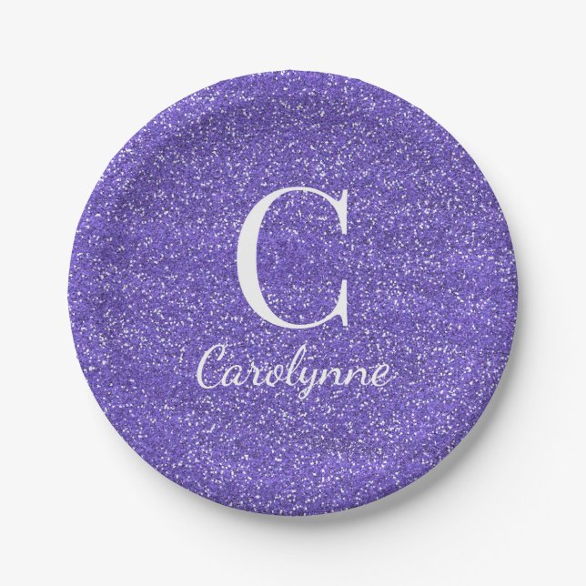 Assiettes En Carton Monogramme de Parties scintillant tendance violet  (Devant)