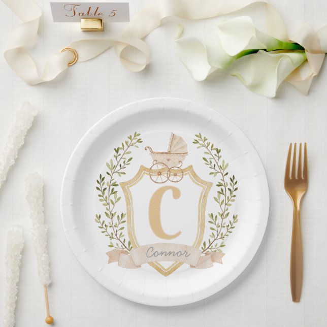 Assiettes En Carton Monogramme de transport de bébés "C" | Neutre (Mariage)