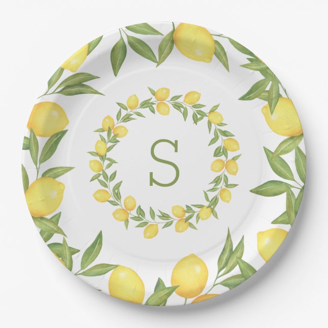 Assiettes En Carton Monogramme de verdure de citrons Élégant (Devant)