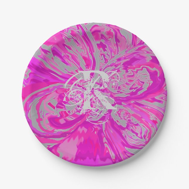 Assiettes En Carton Monogramme élégant Abstrait Fuchsia rose floral (Devant)