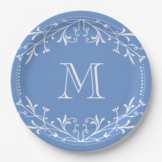 Assiettes En Carton Monogramme élégant bleu et blanc scandinave (Devant)