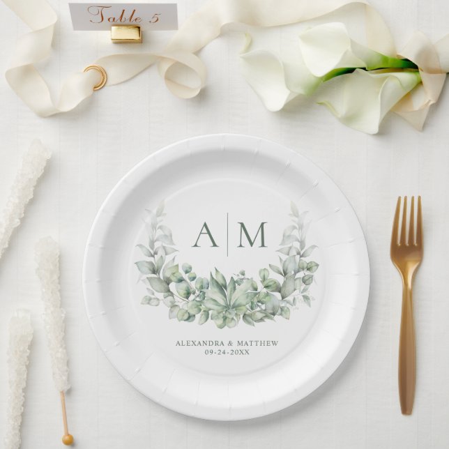 Assiettes En Carton Monogramme Elégant Eucalyptus Mariage de verdure (Mariage)