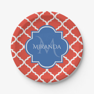 Assiettes En Carton Monogramme et nom bleu Quatrefoil rouge tendance
