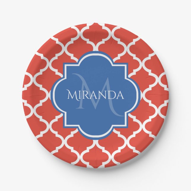 Assiettes En Carton Monogramme et nom bleu Quatrefoil rouge tendance (Devant)