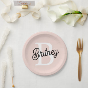 Assiettes En Carton Monogramme et nom personnalisé moderne Pastel Pink