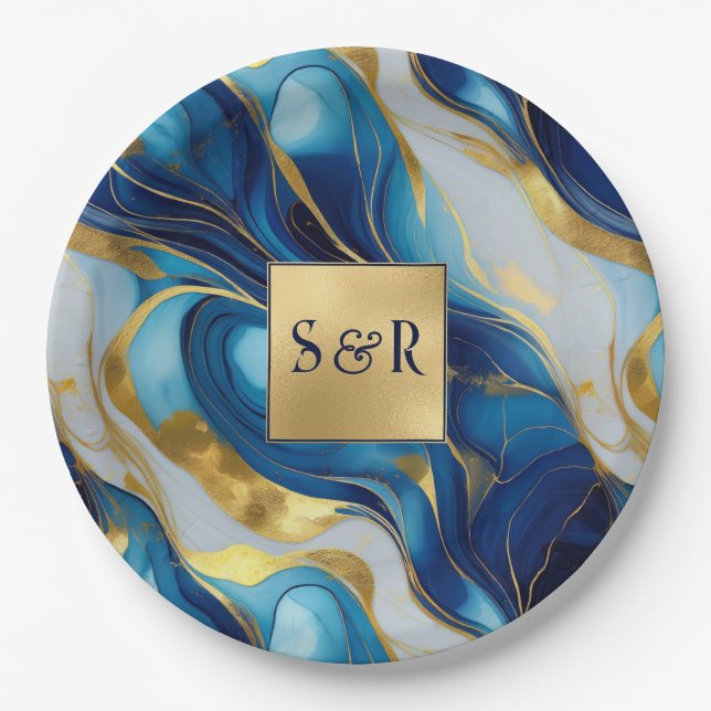 Assiettes En Carton Monogramme Faux Mariage marbré or, bleu et blanc (Devant)