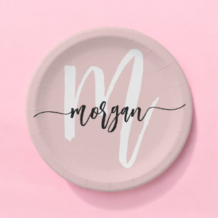 Assiettes En Carton Monogramme Féminin Moderne Écriture Rose Fardée No