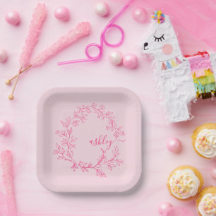 Assiettes En Carton Monogramme Féminin Moderne en Écriture Rose Chaud