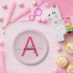 Assiettes En Carton Monogramme Féminin Moderne en Écriture Rose Chaud