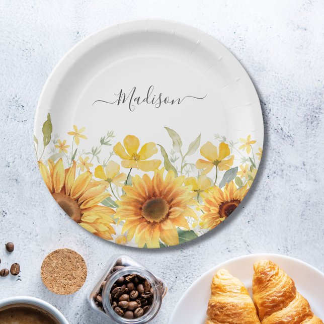 Assiettes En Carton Monogramme Fleur Jaune Tournesol Floral Botanique (In situ)