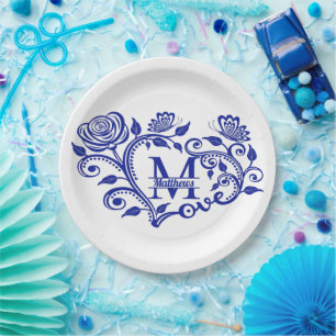 Assiettes En Carton Monogramme floral bleu marine personnalisé M