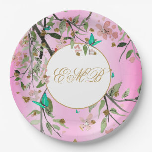 Assiettes En Carton Monogramme Floral Chic Rose Élégant Or Anniversair